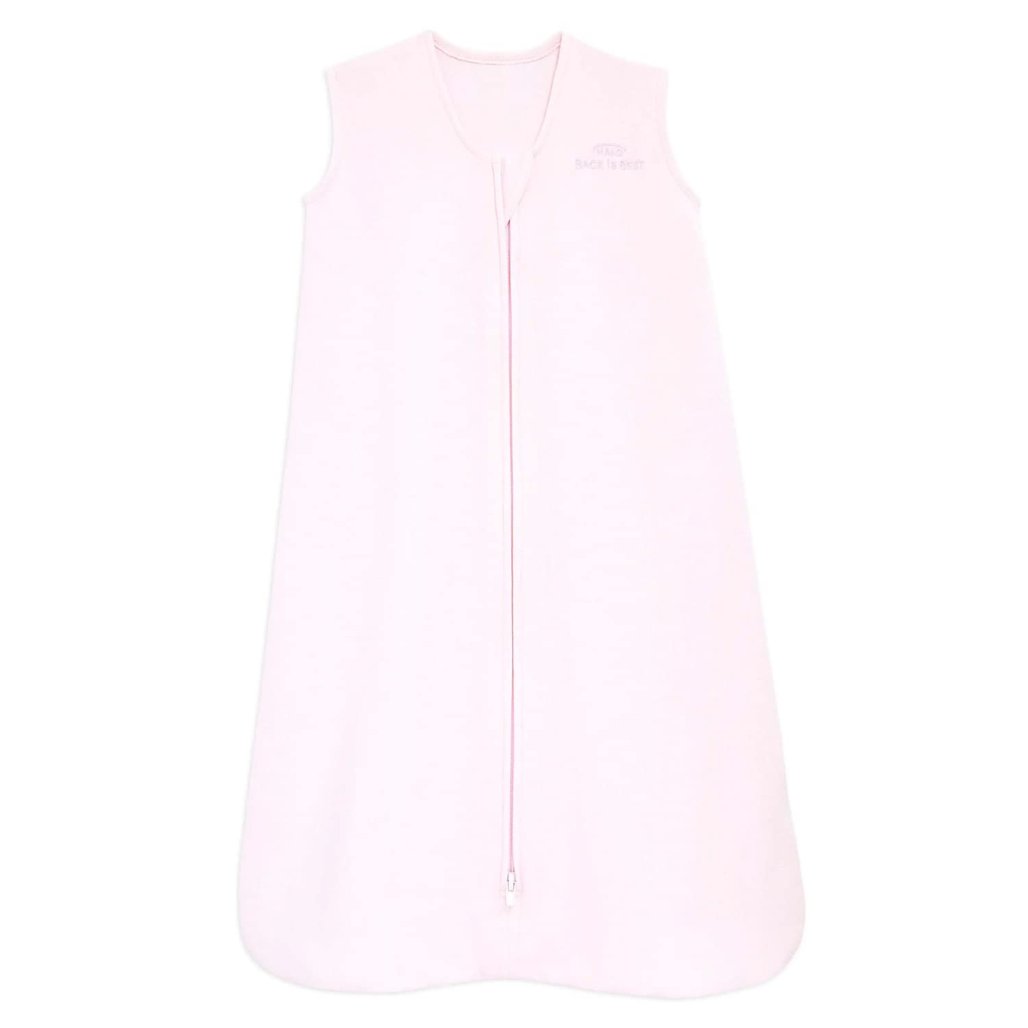 HALO SleepSack soft-pink fabric closeup showing cotton interlock softness for safer snug baby sleep