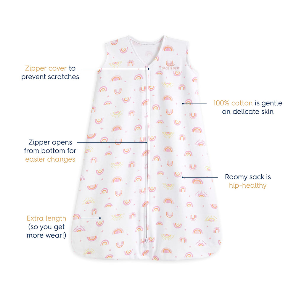 HALO Sleepsack Sunshine Rainbows large side view demonstrates comfortable fit during swaddle transition