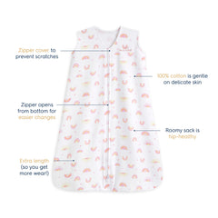 HALO Sleepsack Sunshine Rainbows large side view demonstrates comfortable fit during swaddle transition