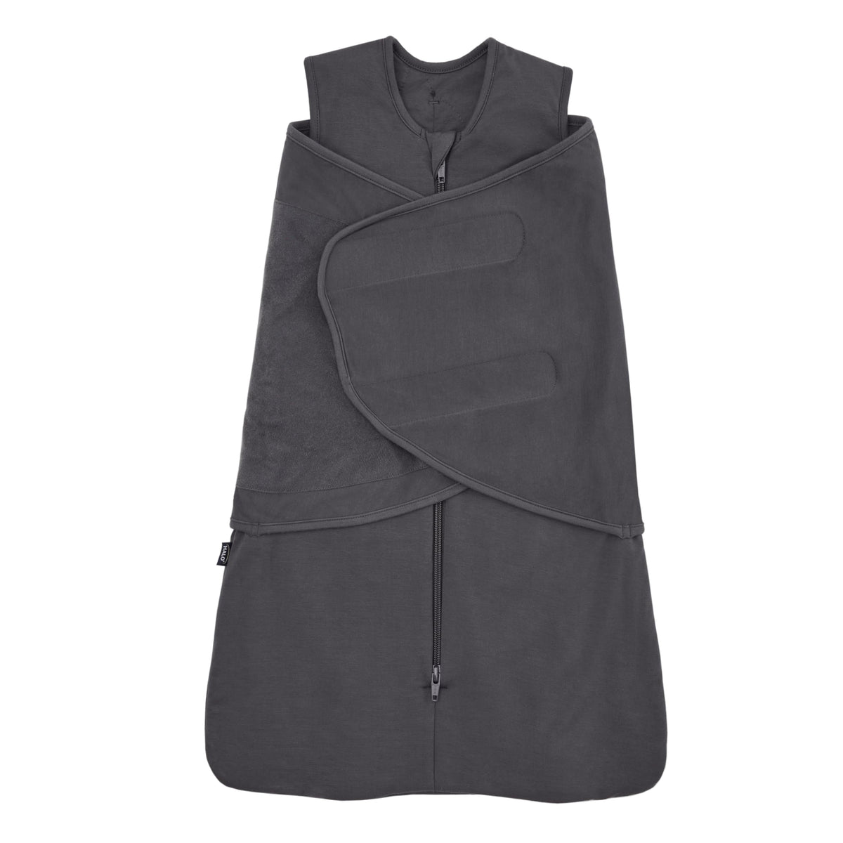 HALO SleepSack SuperSoft Swaddle front charcoal view showing cocooning warmth.