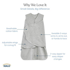 HALO Sleepsack Swaddle Arm-In One-Arm-Out mode supports self soothing.