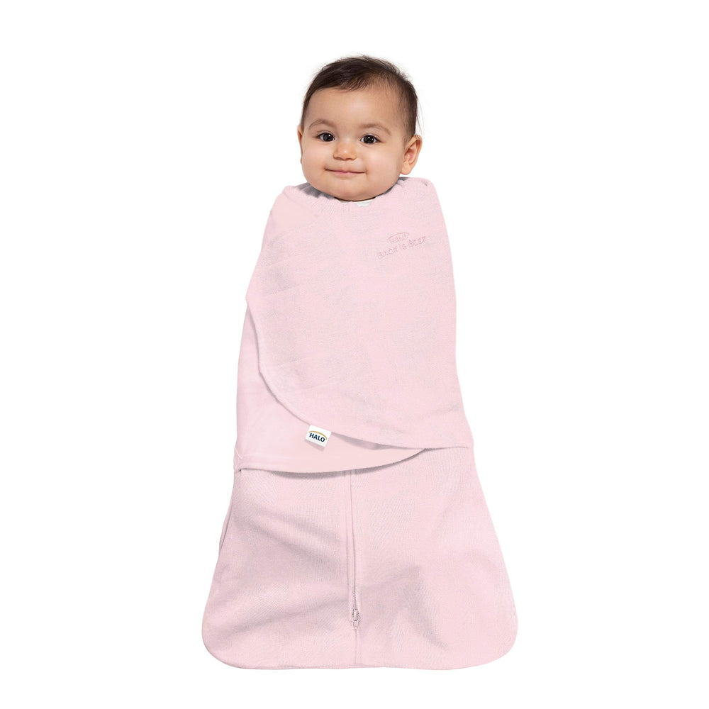 HALO Sleepsack Swaddle with arms-in option demonstrates 3-way swaddle versatility for safer sleep.