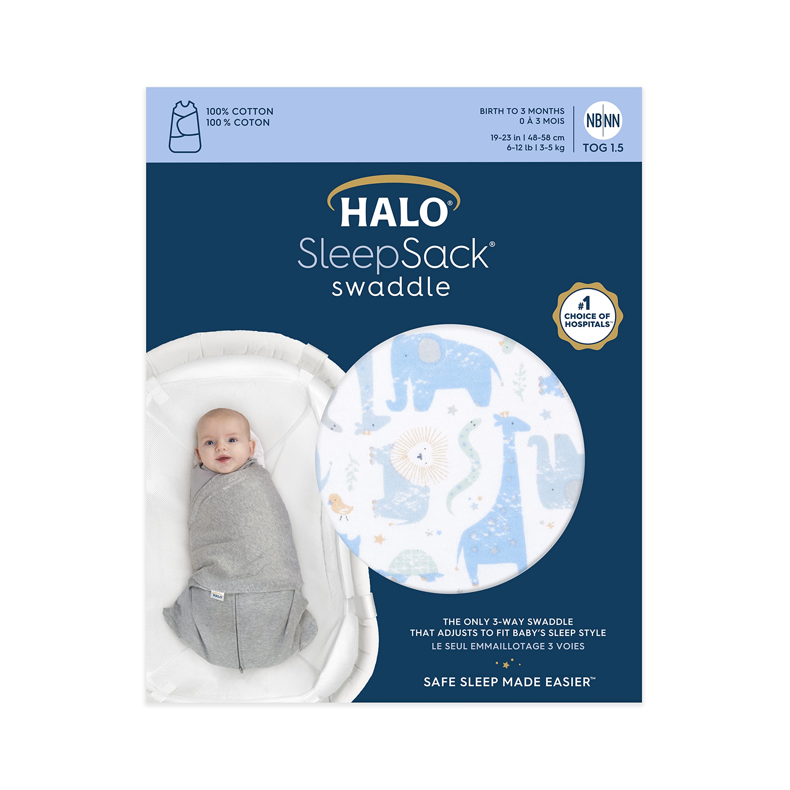 HALO Sleepsack Swaddle Blue Safari demonstrates 3-way adjustable design for versatile swaddling