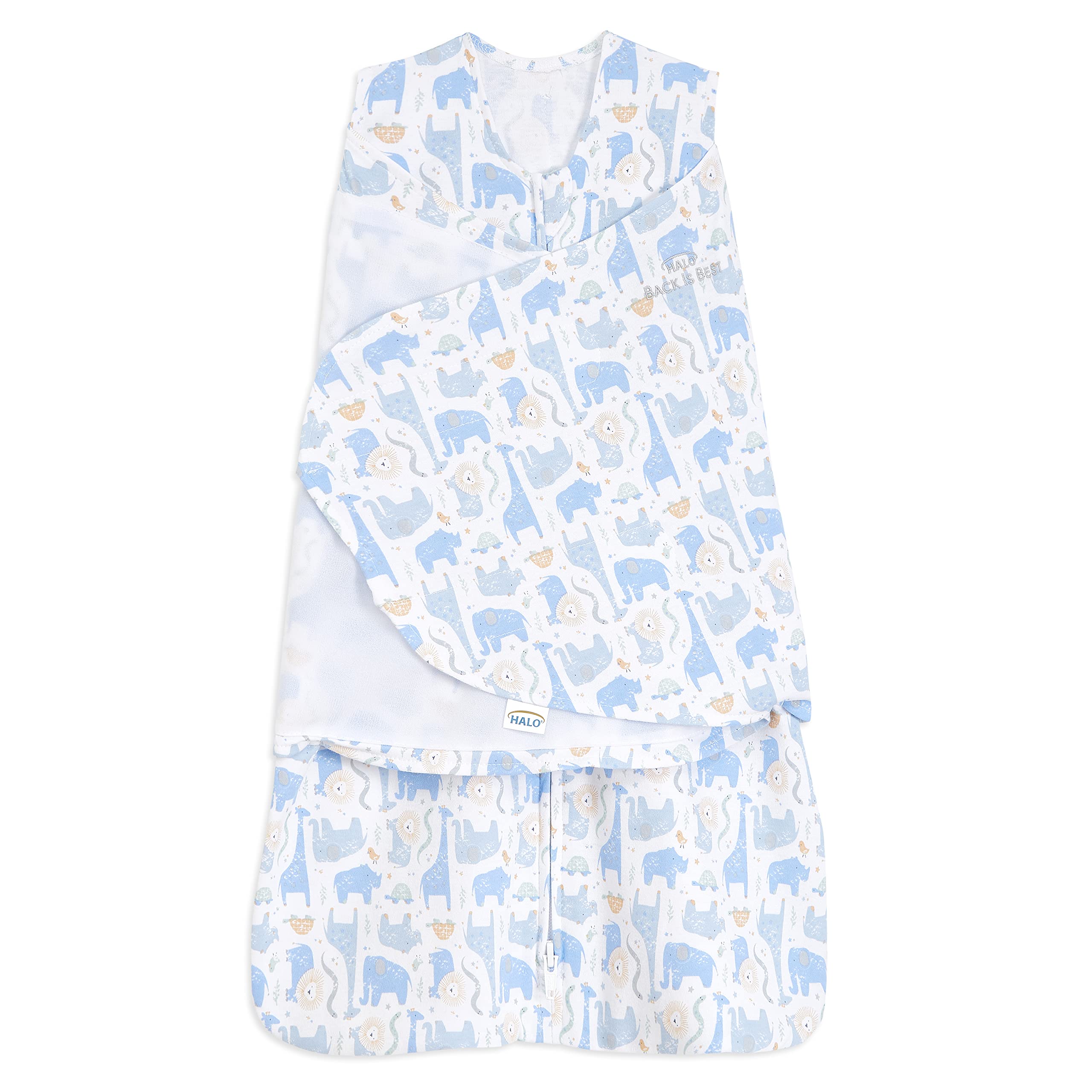 HALO Sleepsack Swaddle Blue Safari front view, showcasing cozy 100% cotton comfort