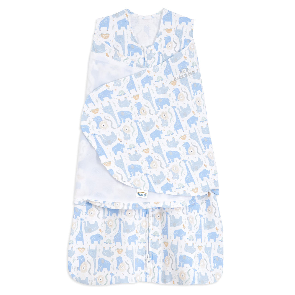 HALO Sleepsack Swaddle Blue Safari front view, showcasing cozy 100% cotton comfort
