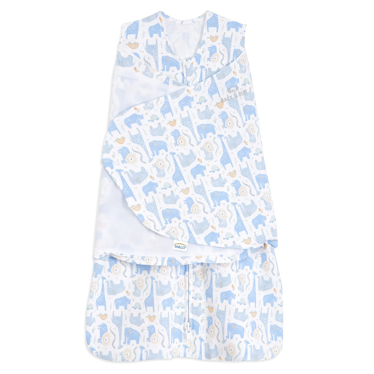 HALO Sleepsack Swaddle Blue Safari front view, showcasing cozy 100% cotton comfort