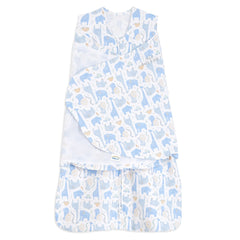 HALO Sleepsack Swaddle Blue Safari front view, showcasing cozy 100% cotton comfort