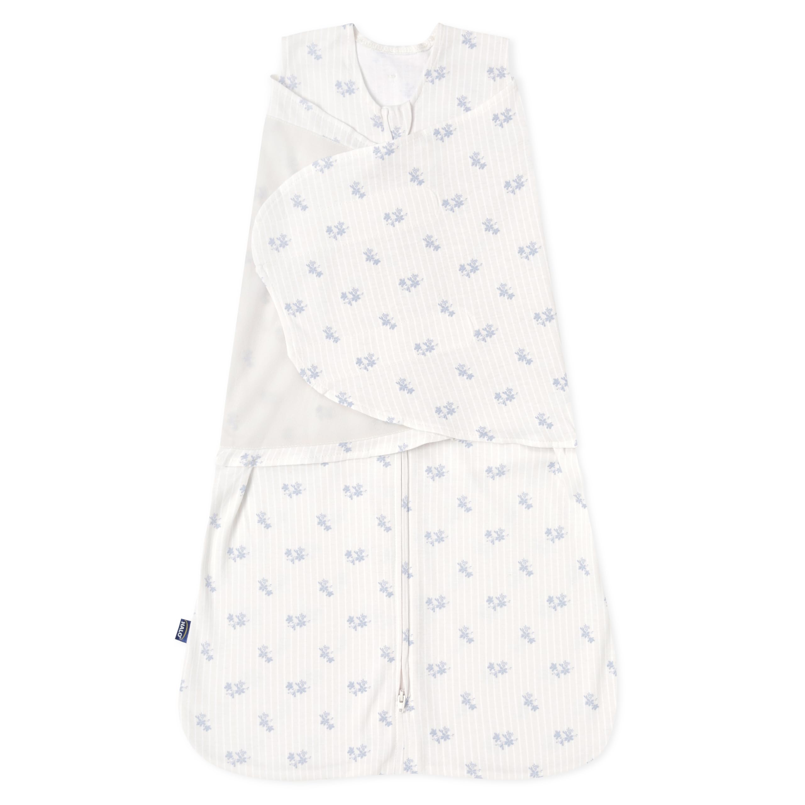 HALO Sleepsack Swaddle Floral Vintage Stripe seen for secure newborn sleep with soft cotton.