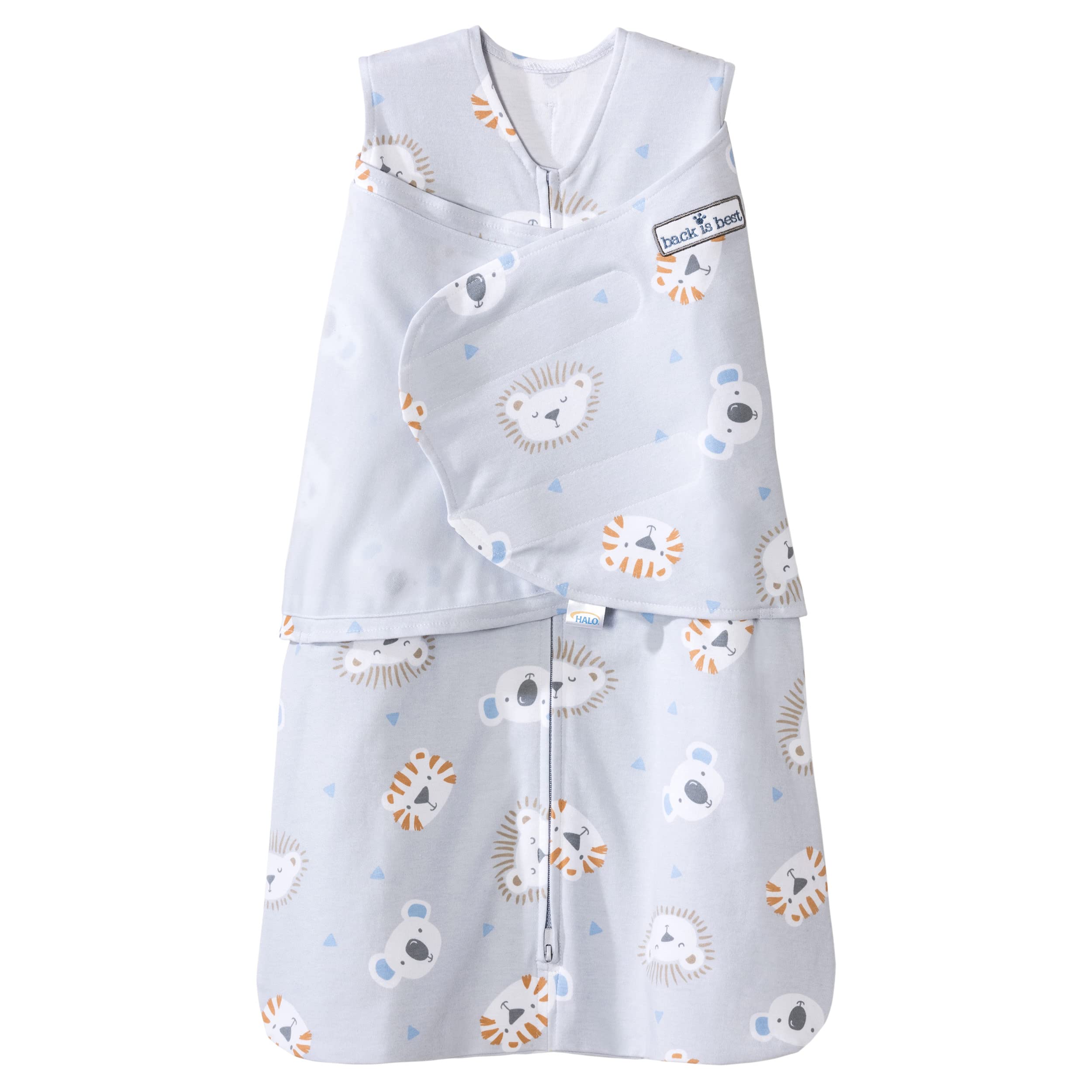 HALO Sleepsack Swaddle front view with lions, provides a cozy, safe sleep option.