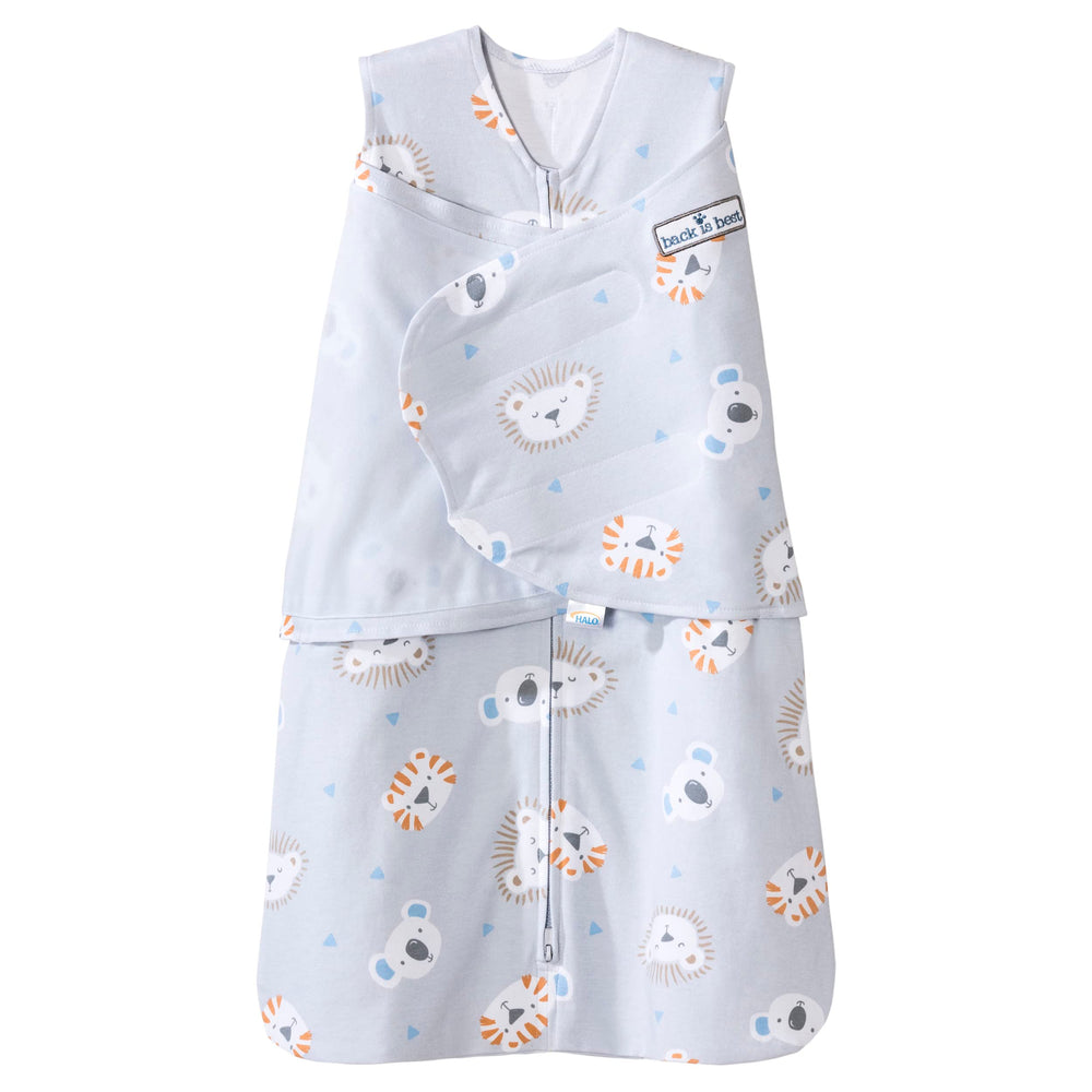 HALO Sleepsack Swaddle front view with lions, provides a cozy, safe sleep option.