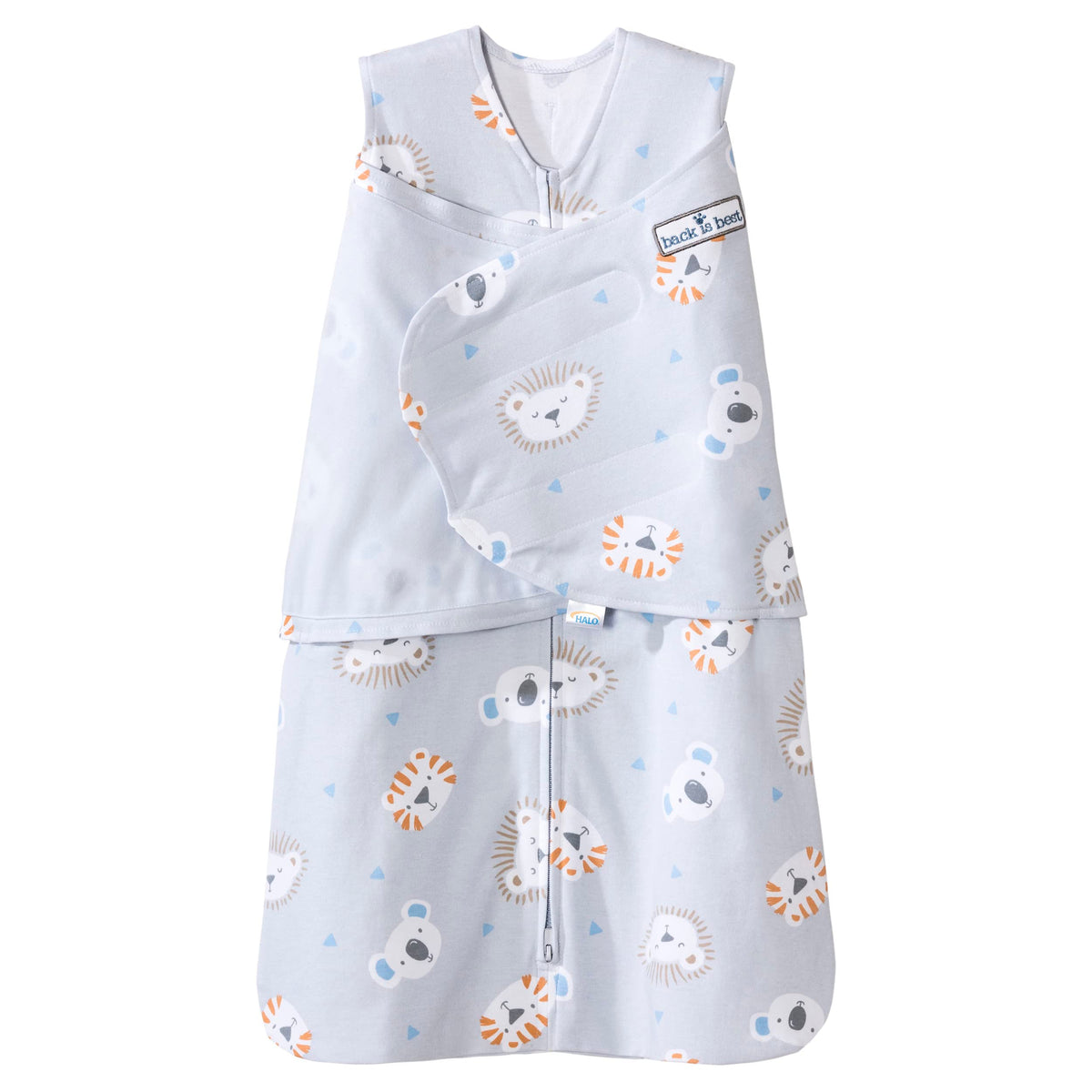 HALO Sleepsack Swaddle front view with lions, provides a cozy, safe sleep option.