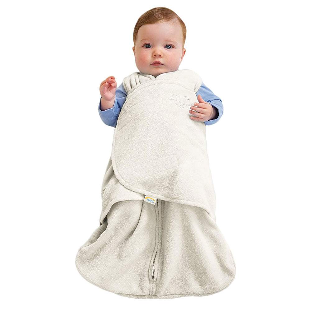 HALO sleepsack swaddle arms-in transitioning to hands-to-face soothing.