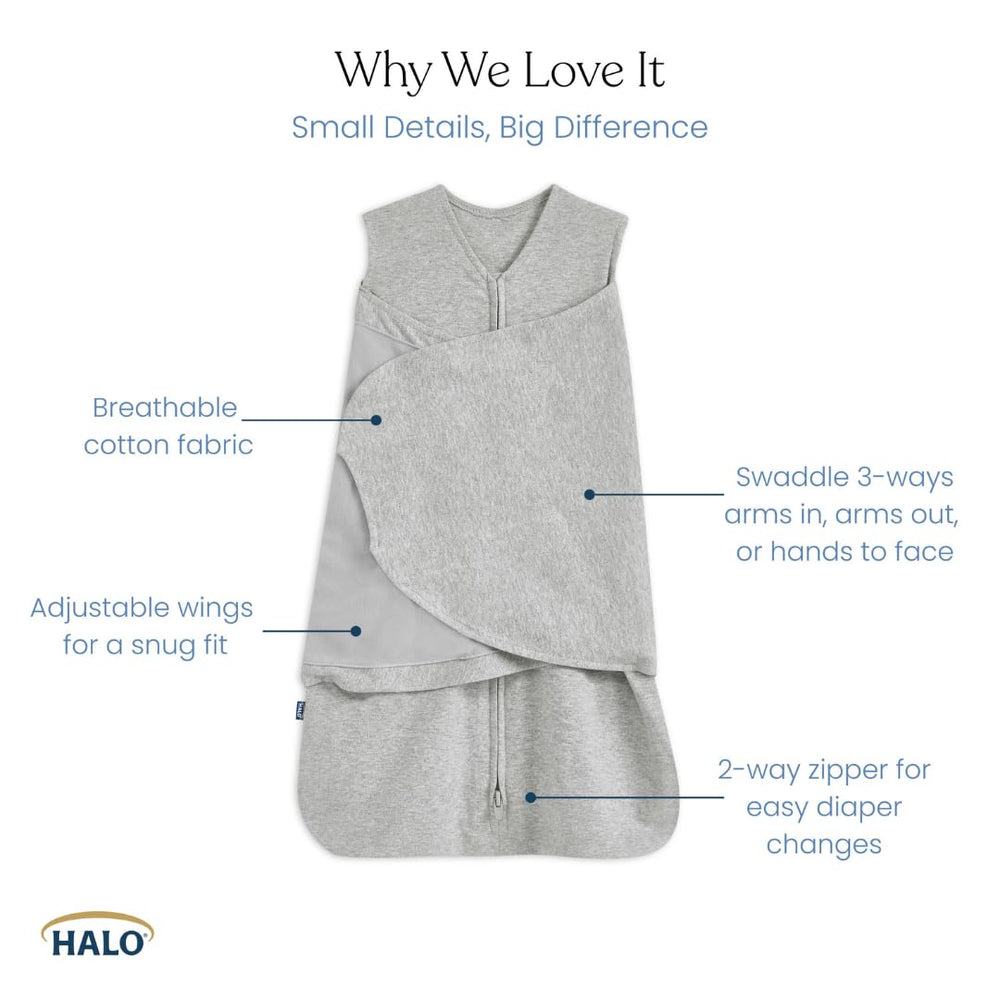 HALO Sleepsack Swaddle inverted zipper design enables easy diaper changes without waking baby.