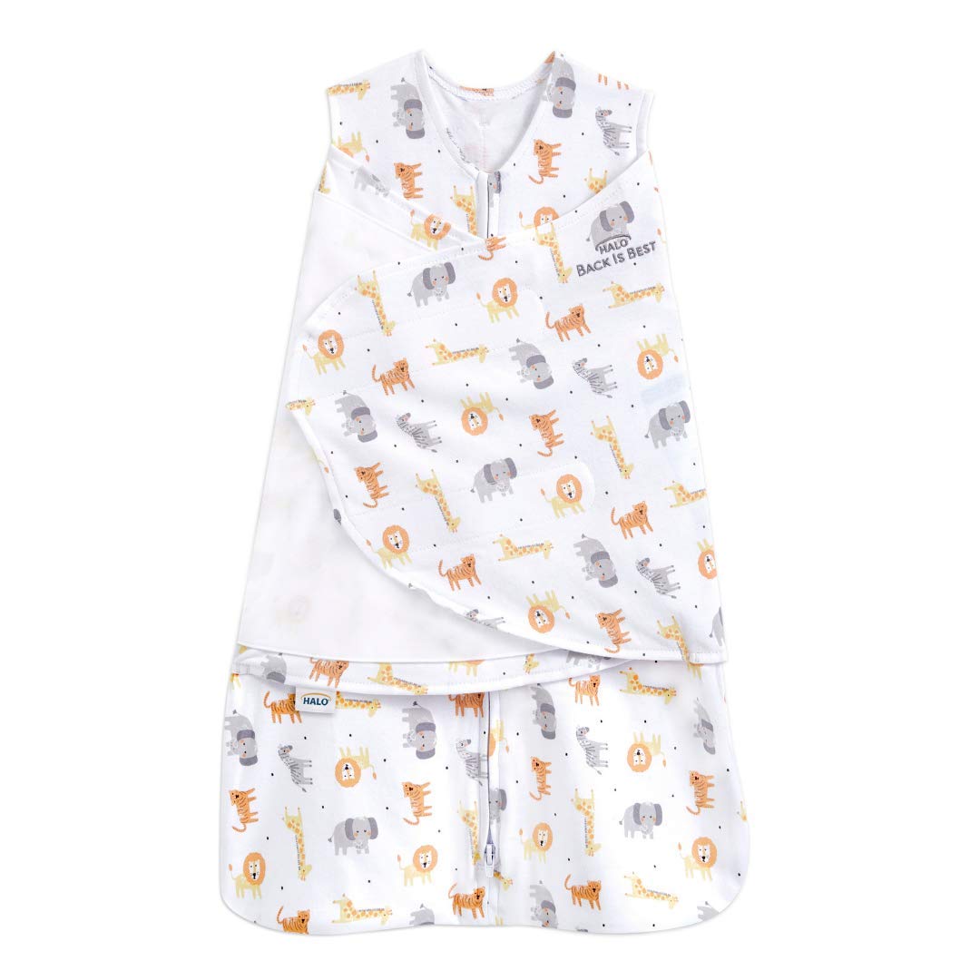 HALO Sleepsack Swaddle Jungle Cotton newborn front view promotes calm, secure sleep