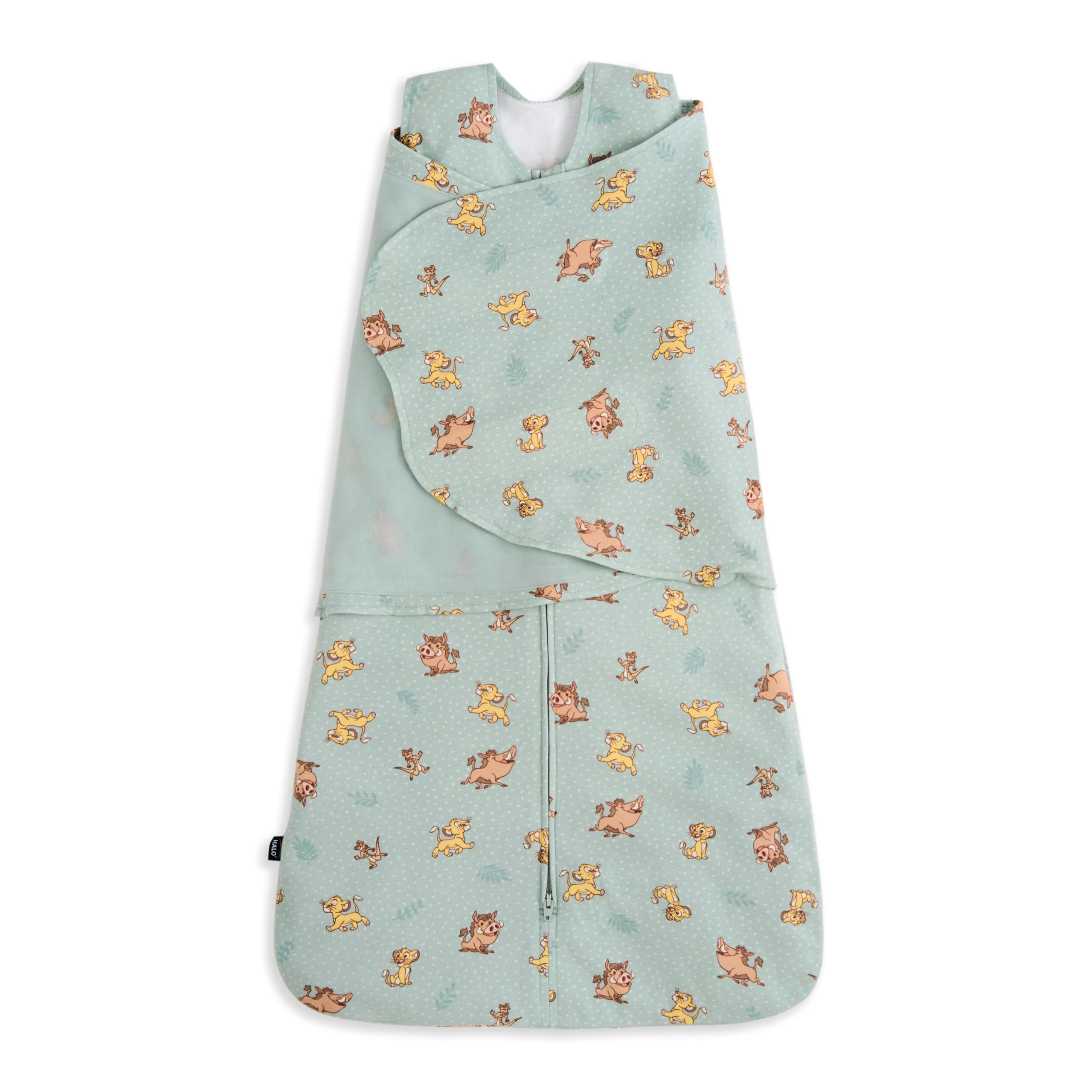 HALO Sleepsack Swaddle Lion King Friends design shows secure arms-in sleep.