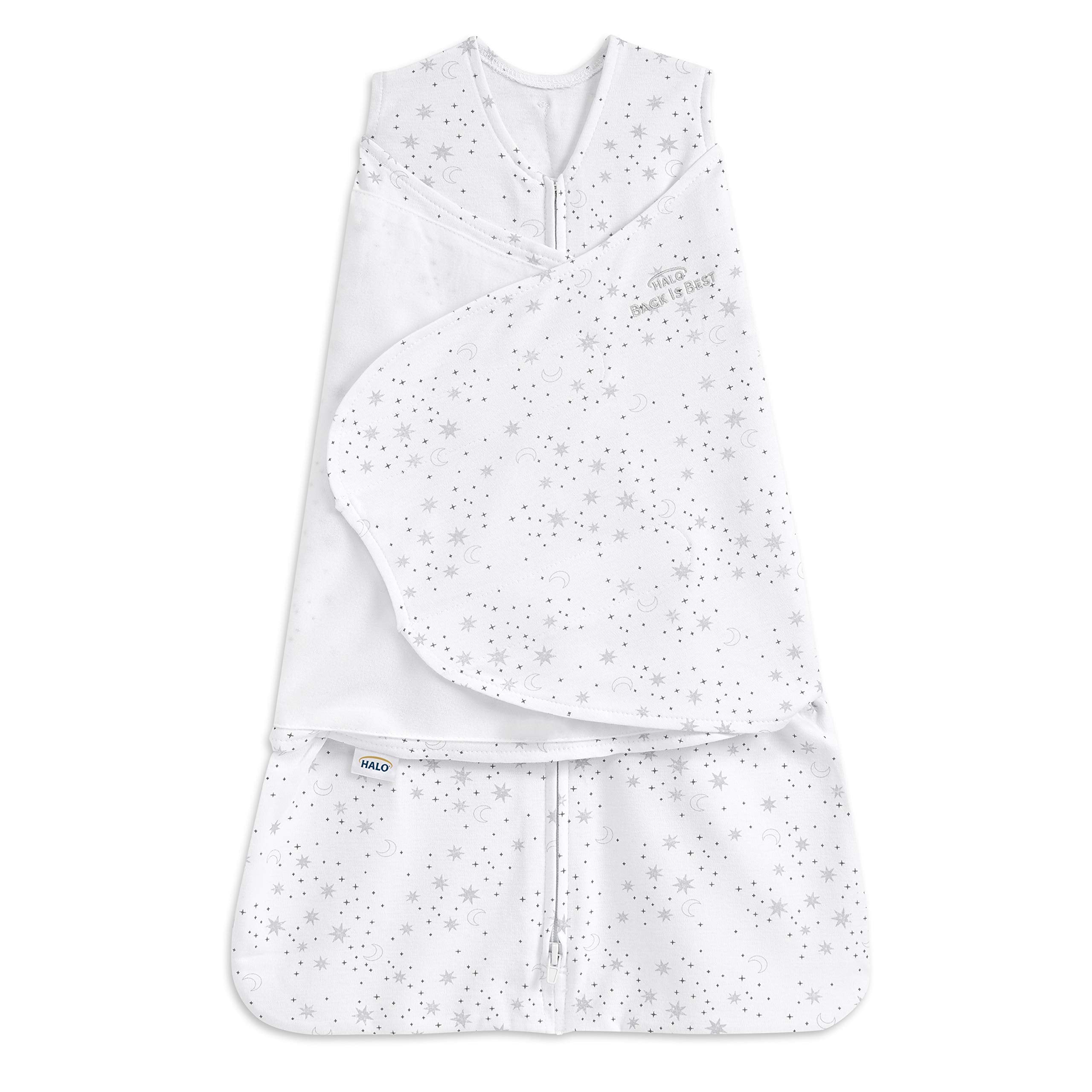 HALO Sleepsack Swaddle Midnight Moons Grey front view promotes safe, snug sleep.