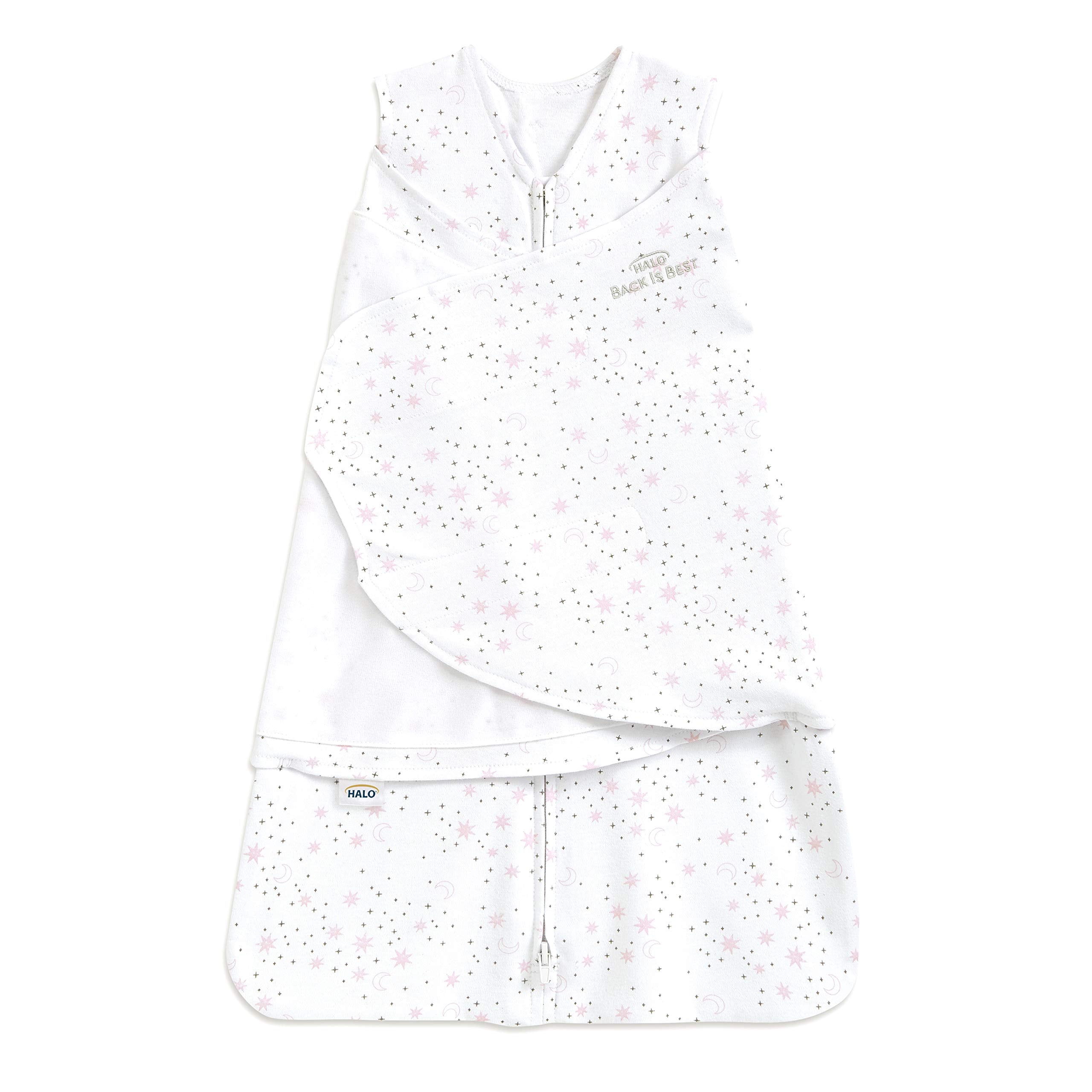 HALO Sleepsack swaddle in Midnight Moons Pink on baby, cozy night-time sleep support