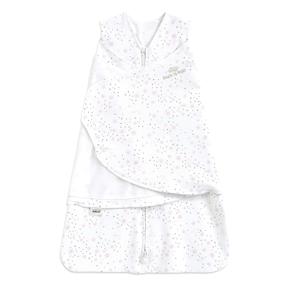 HALO Sleepsack Swaddle Midnight Moons Pink provides secure newborn sleep.