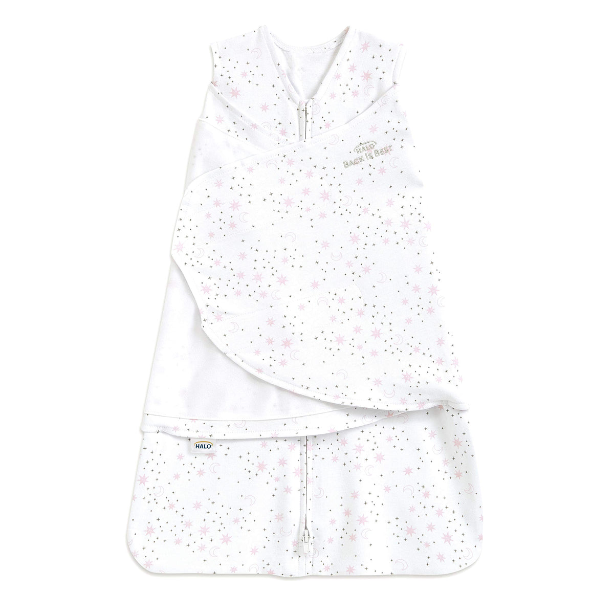 HALO Sleepsack Swaddle Midnight Moons Pink provides secure newborn sleep.