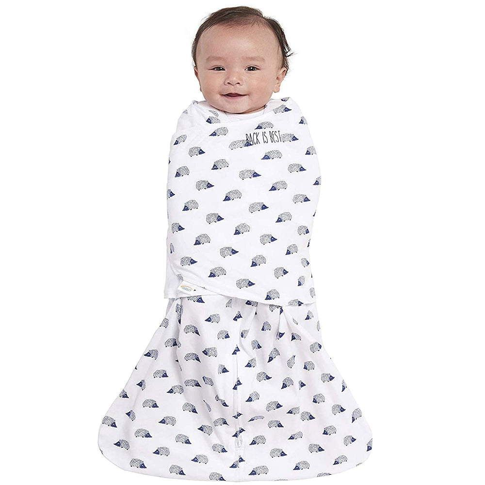 HALO Sleepsack Swaddle Navy Hedgehog arms-in view demonstrates a snug secure fit.