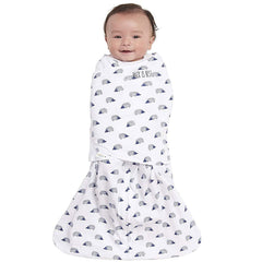 HALO Sleepsack Swaddle Navy Hedgehog arms-in view demonstrates a snug secure fit.