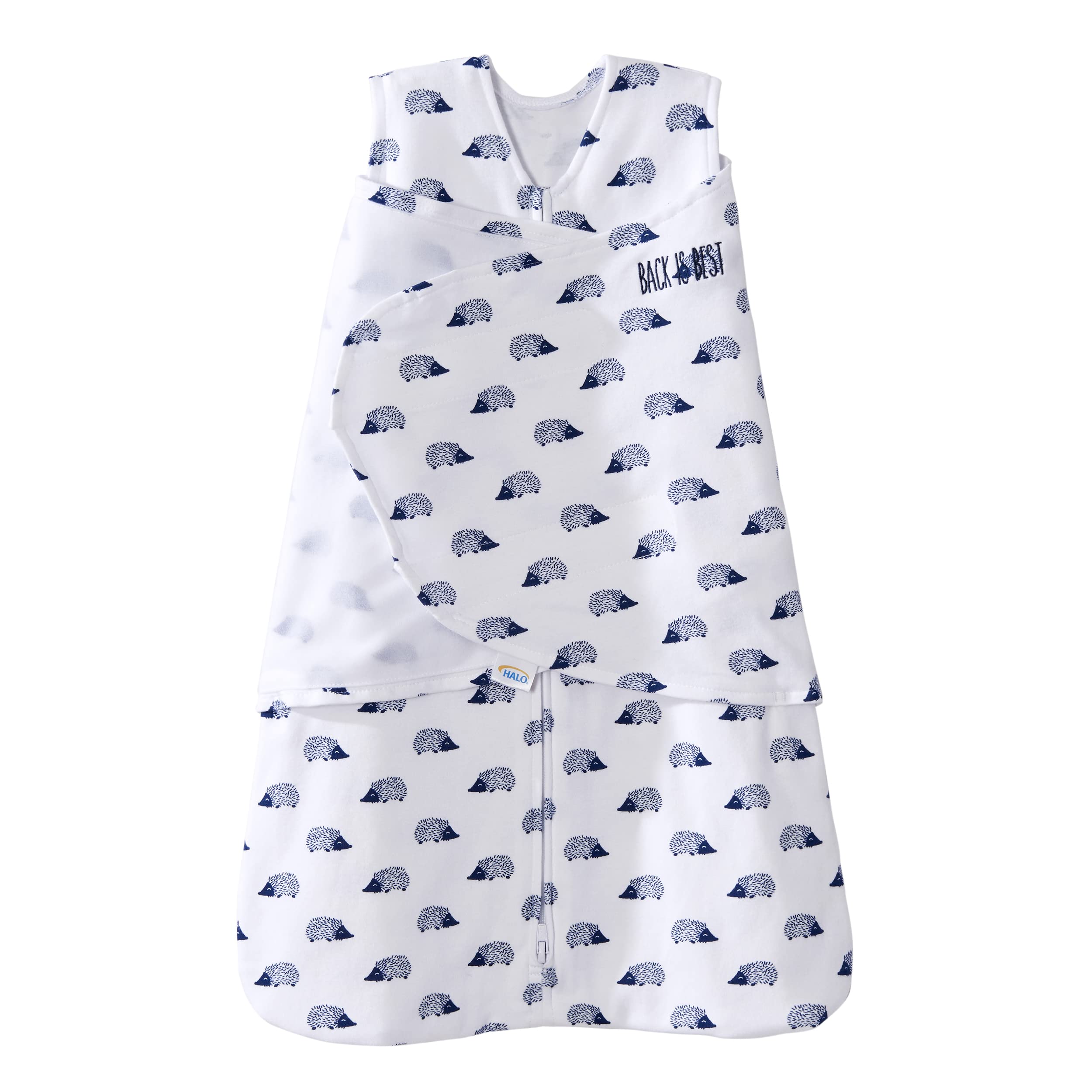 HALO Sleepsack Swaddle Navy Hedgehog closeup shows soft cotton fabric for cozy swaddling.