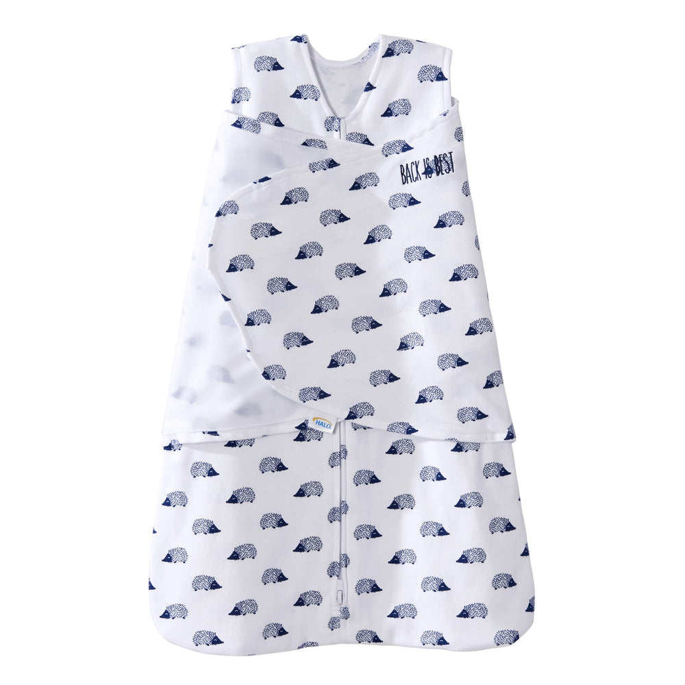 HALO Sleepsack Swaddle Navy Hedgehog closeup shows soft cotton fabric for cozy swaddling.