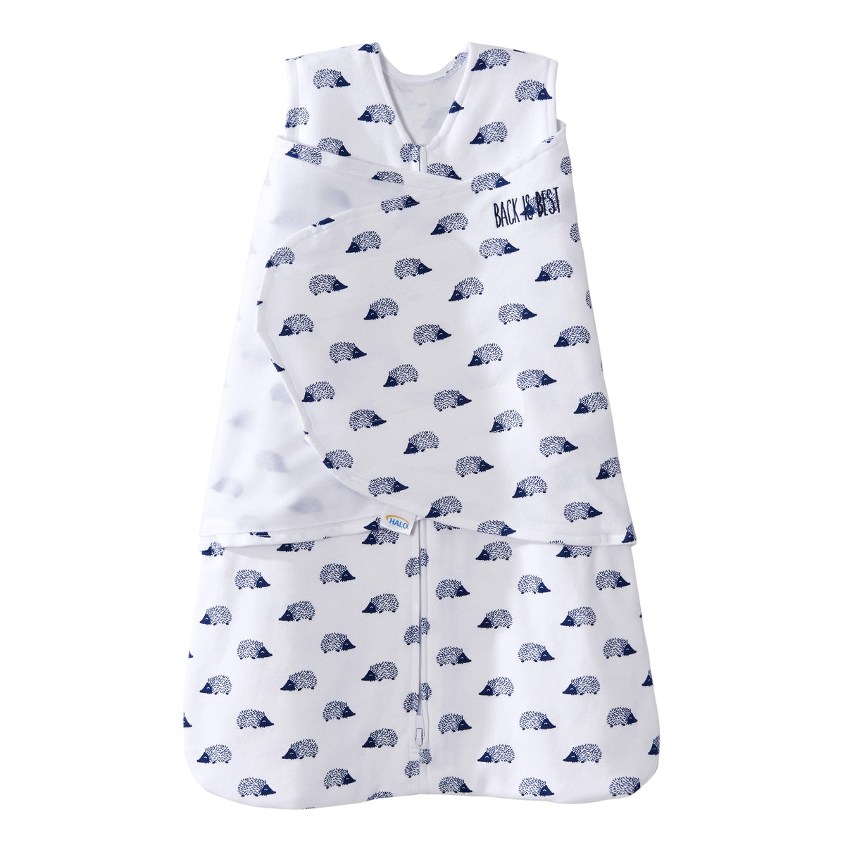 HALO Sleepsack Swaddle Navy Hedgehog closeup shows soft cotton fabric for cozy swaddling.