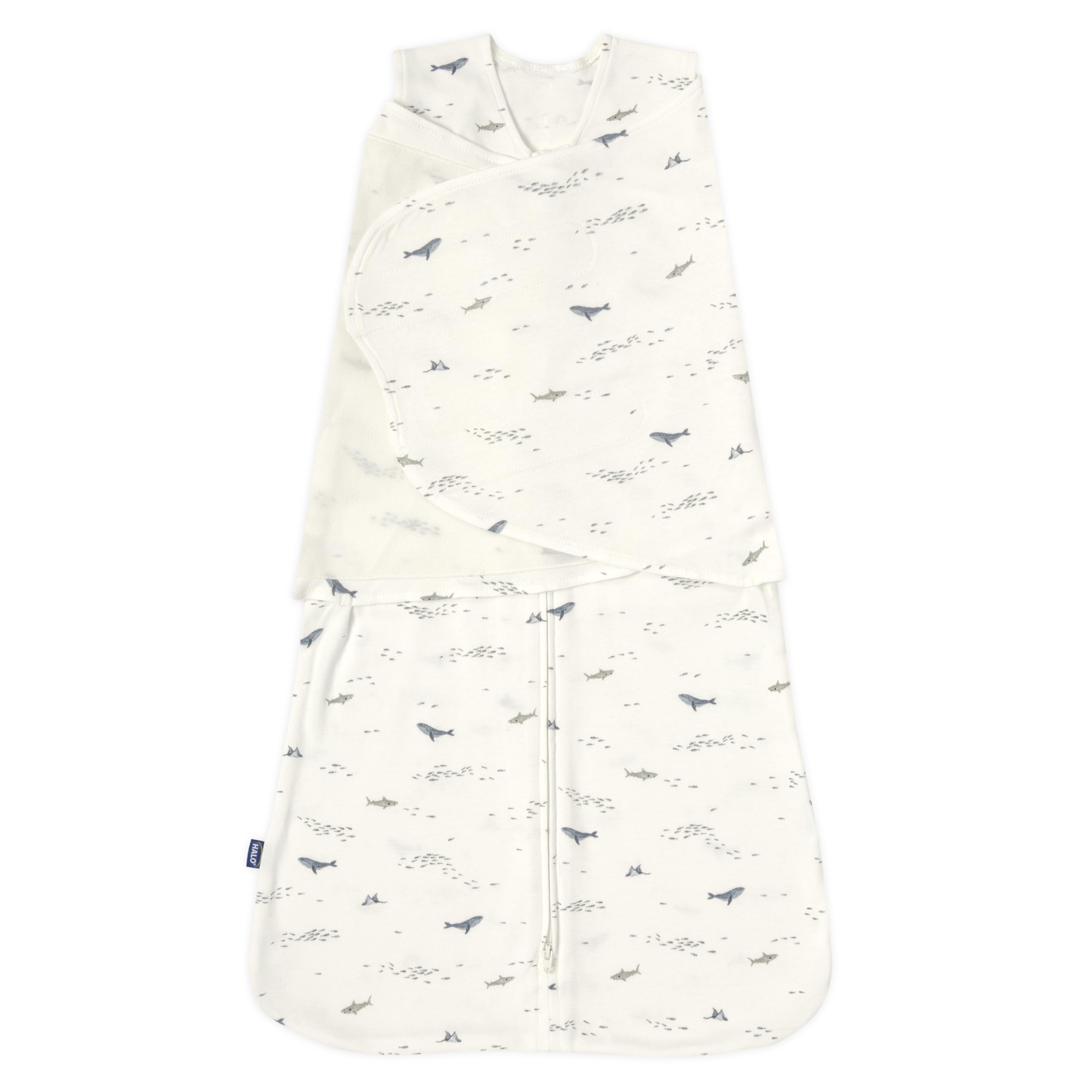 HALO Sleepsack Swaddle Ocean Life pattern closeup showing breathable cotton feel for safe sleep