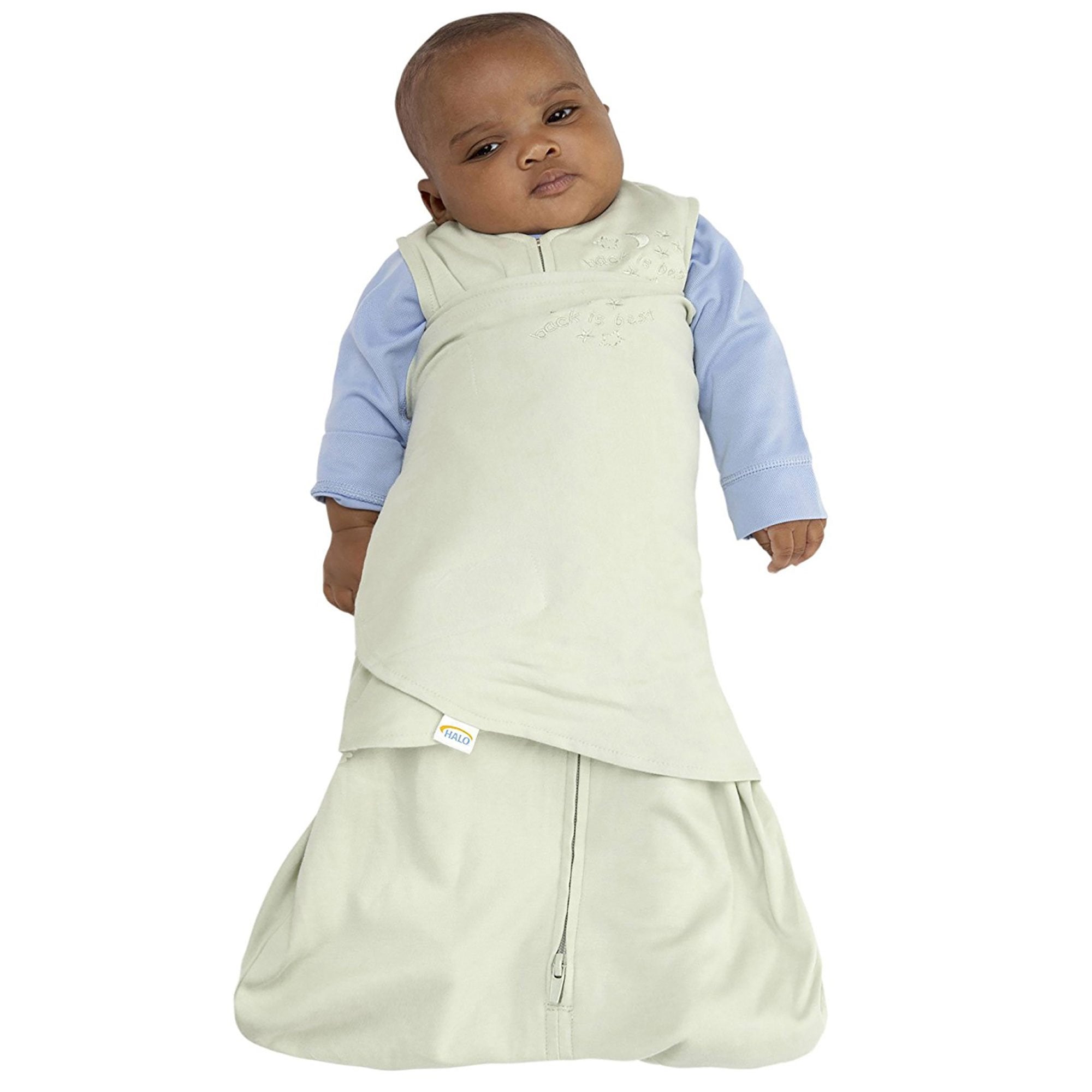 HALO Sleepsack Swaddle one-arm-out highlights self-soothing option.