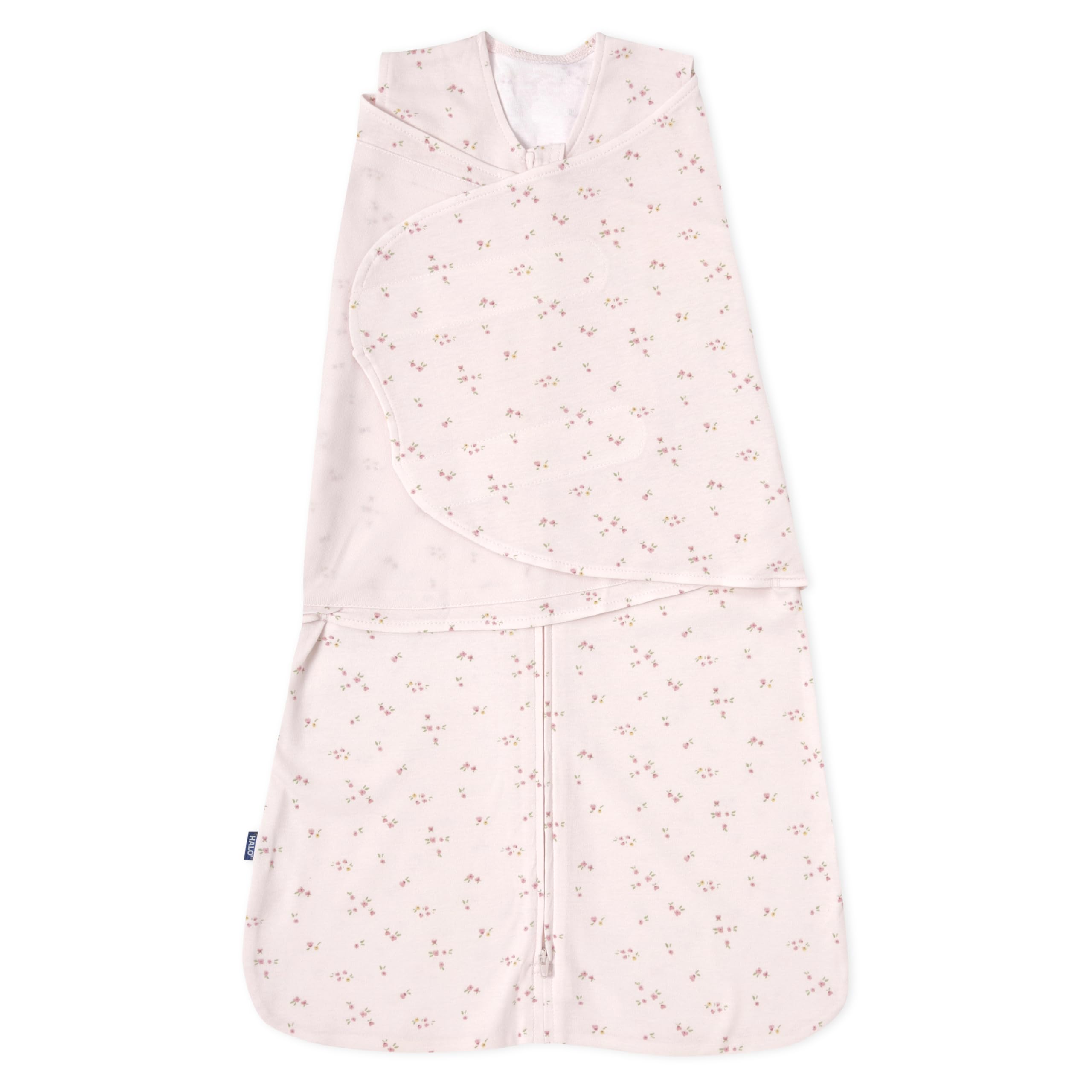 HALO Sleepsack Swaddle pink floral front view promotes secure, comfortable newborn sleep.