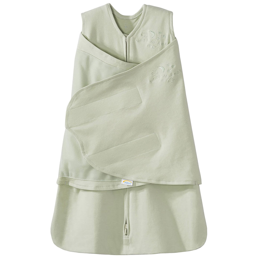 HALO Sleepsack Swaddle sage front view shows soft cotton and snug newborn fit.