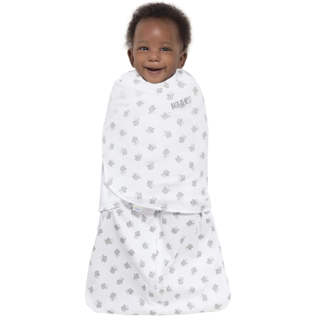 HALO Sleepsack Swaddle three-way adjustment demonstrates arms-in one-arm-out and two-arms-out options.
