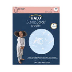 Halo Sleepsack Toddler dragon print close-up shows breathable 100% cotton material.
