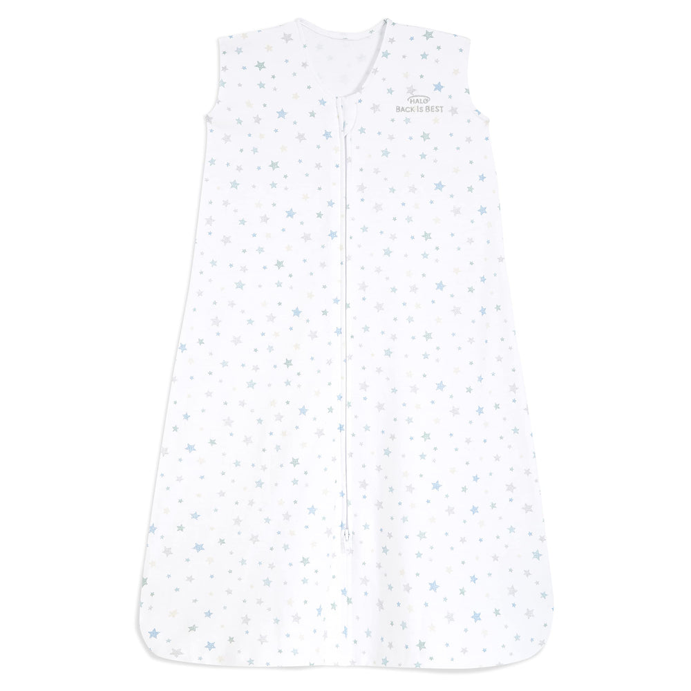 HALO SleepSack Twinkle Blue front view highlighting breathable cotton comfort for baby sleep