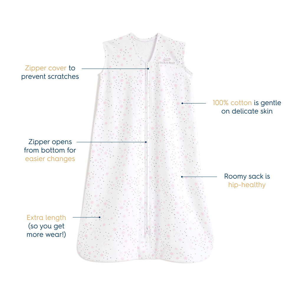 HALO SleepSack Twinkle Pink back view highlights secure full-body wearable blanket for restful nights.
