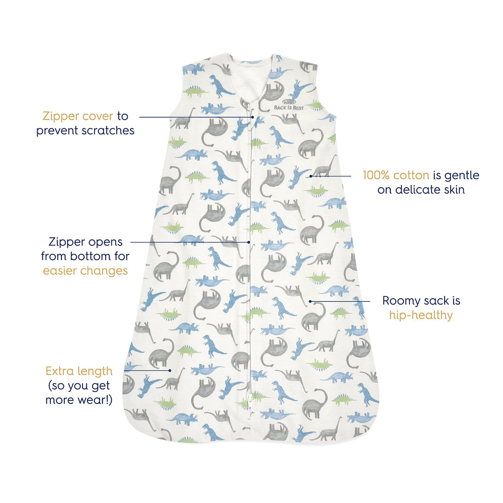 HALO SleepSack Watercolor Dinos sleeveless design helps prevent overheating