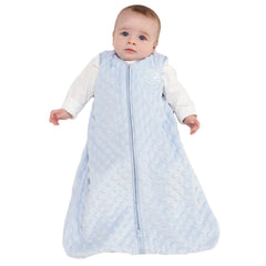 HALO Sleepsack wearable blanket in blue plush dots supports safer, secure sleep for infants.