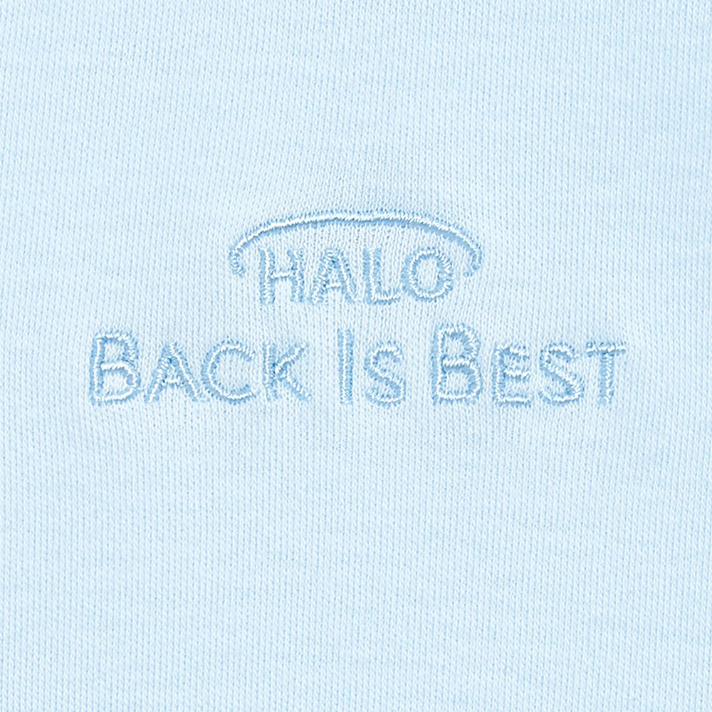 HALO SleepSack blue packaging information illustrates safe sleep basics.