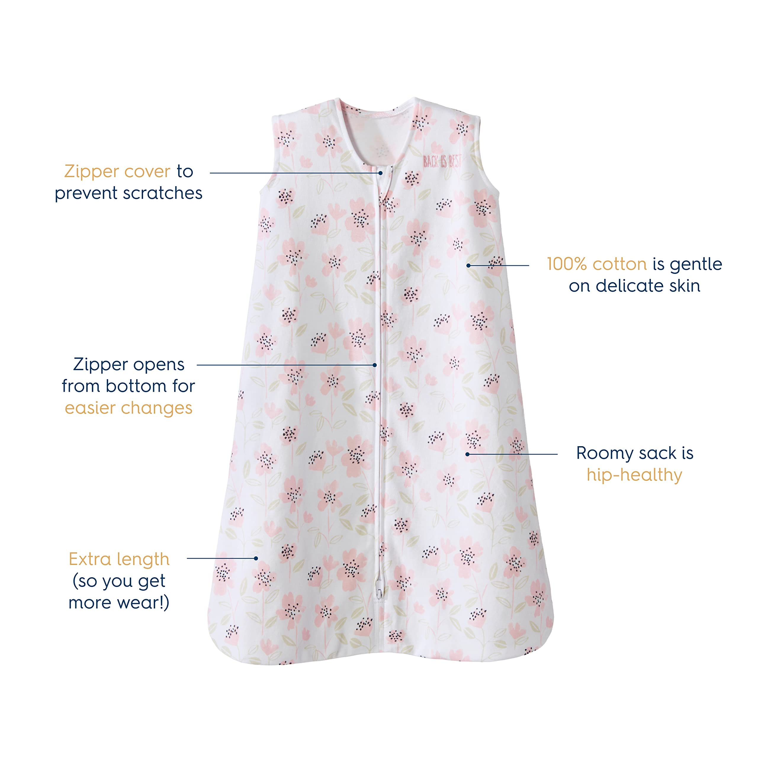 HALO SleepSack Wildflower Blush diaper-change view shows easy bottom zipper for quick changes.