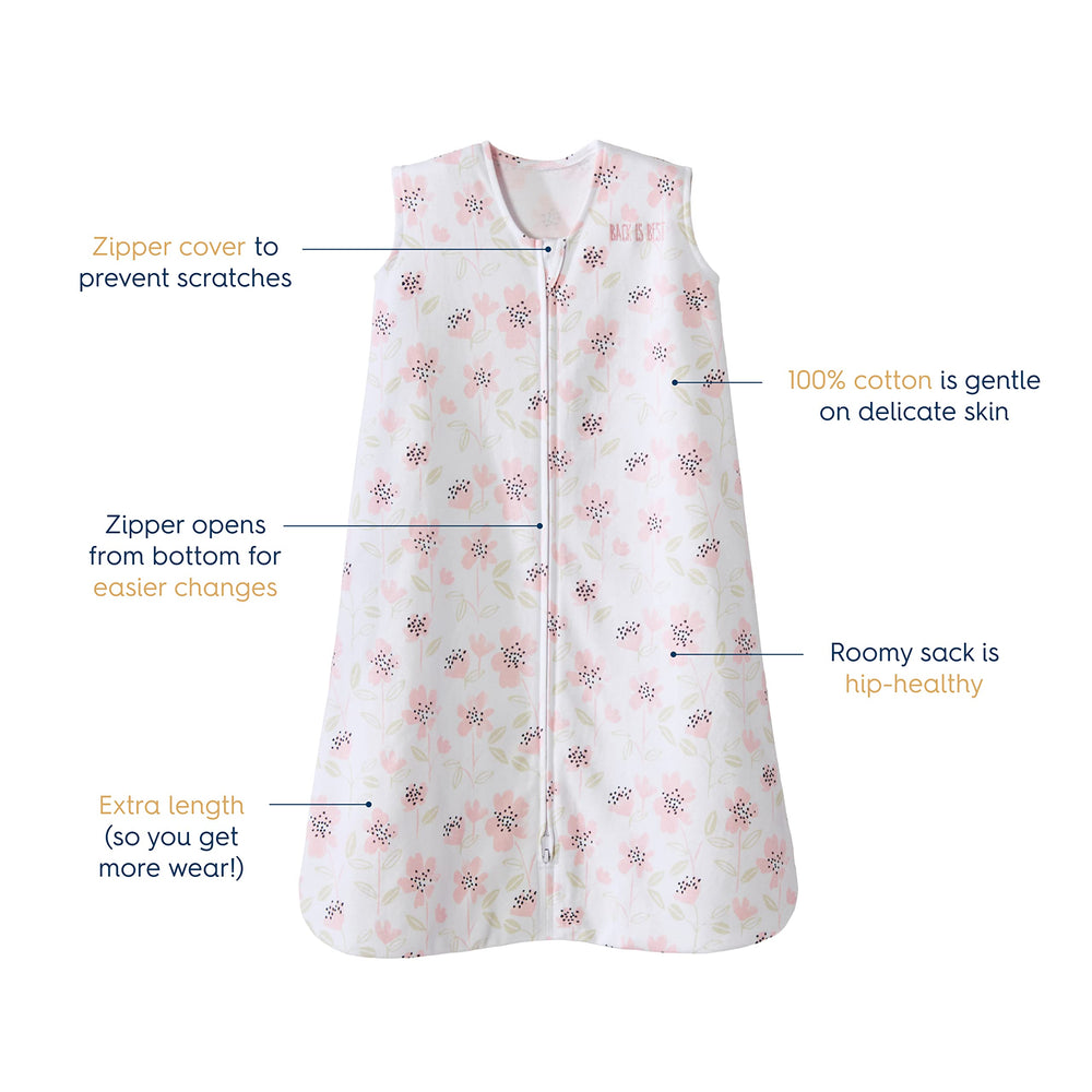 HALO SleepSack Wildflower Blush diaper-change view shows easy bottom zipper for quick changes.