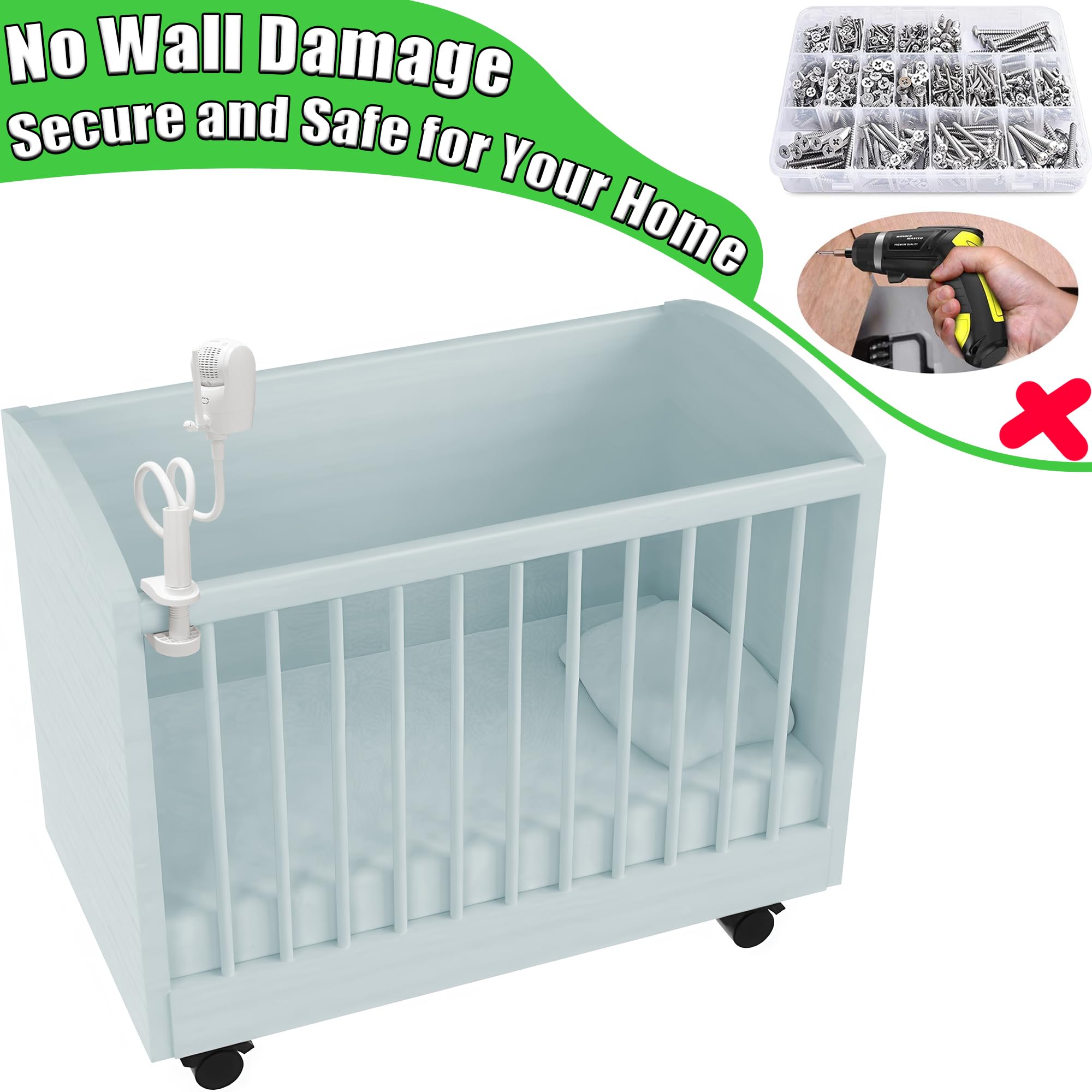 Haloera knob-clamp design ensures tool-free, secure installation on cribs or shelves.