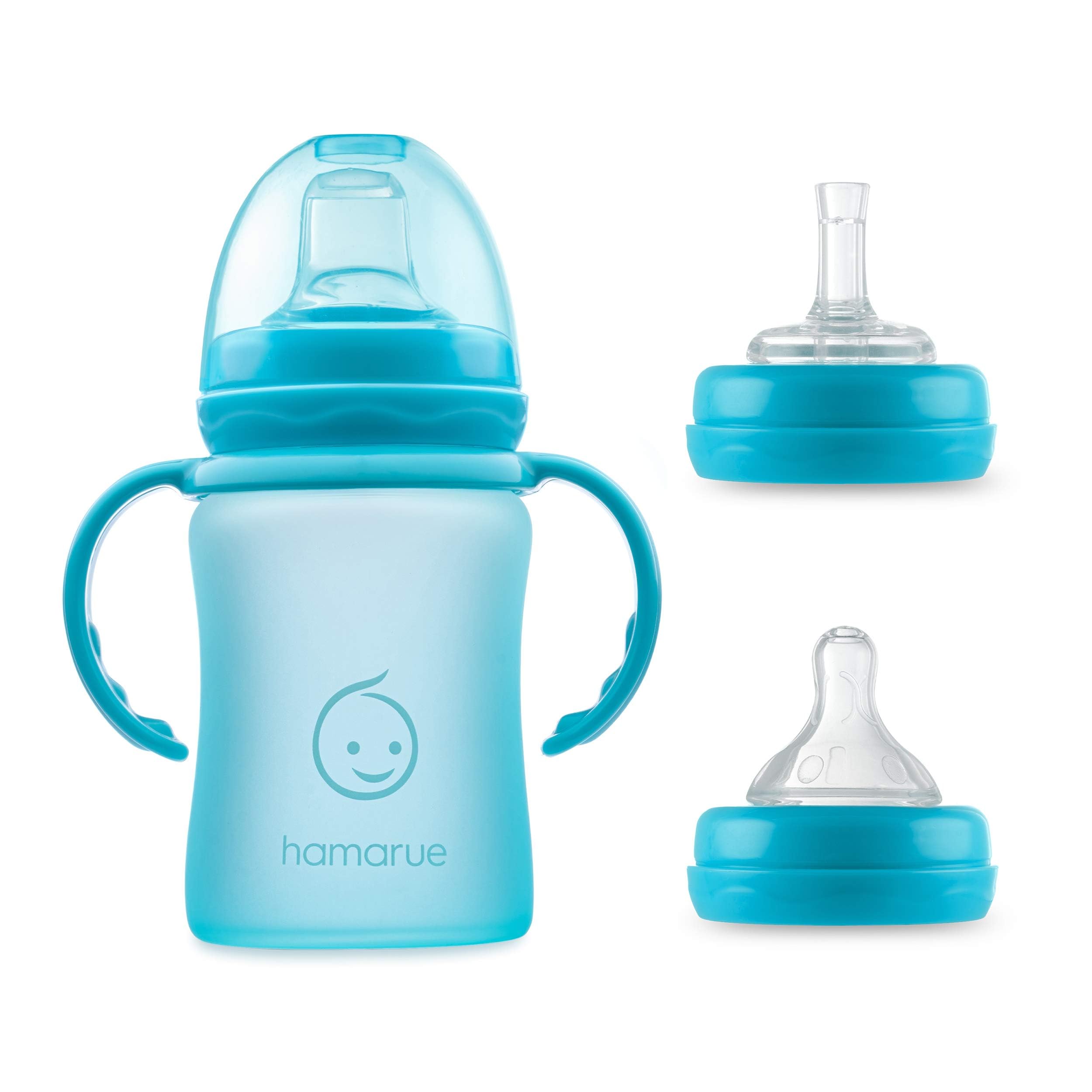 Hamarue 3-in-1 glass sippy teal-5oz shows a safe transition cup for early sipping