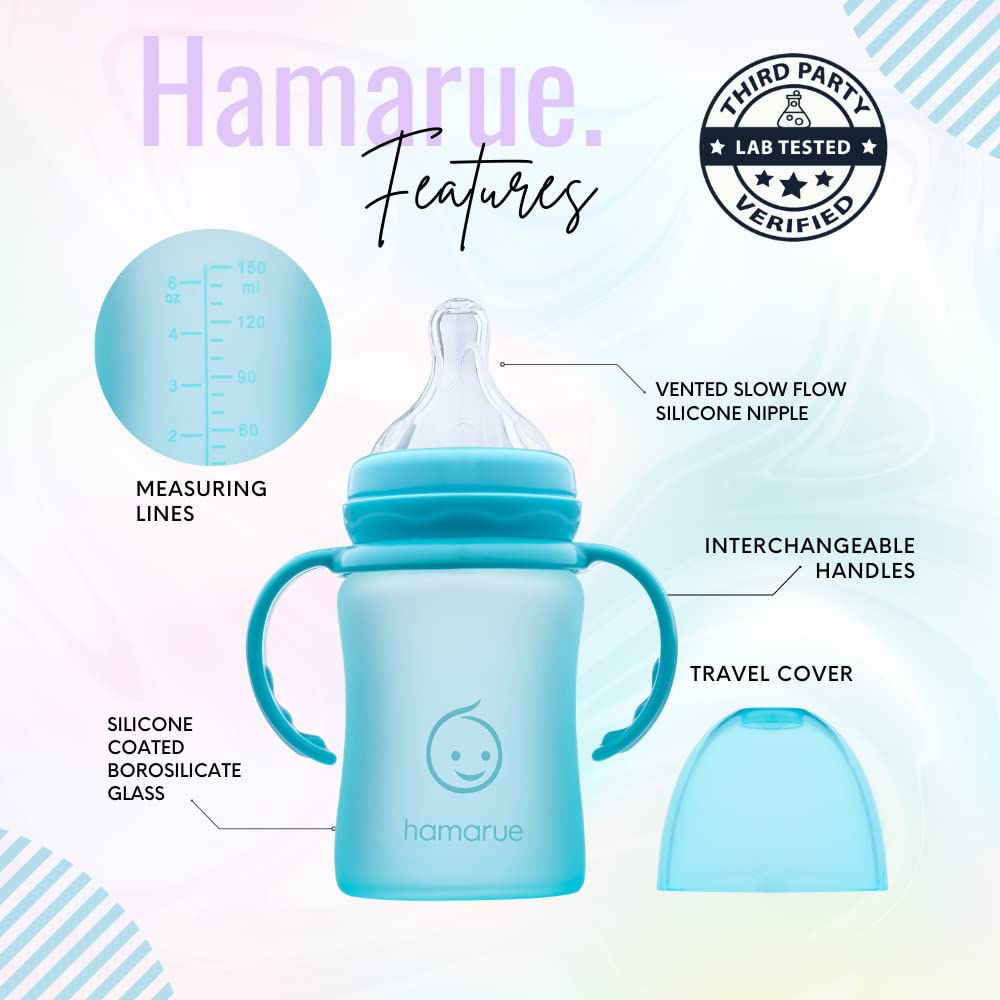 Hamarue 3-in-1 glass sippy teal-removable-handles enables easy grip for toddlers