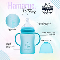 Hamarue 3-in-1 glass sippy teal-removable-handles enables easy grip for toddlers