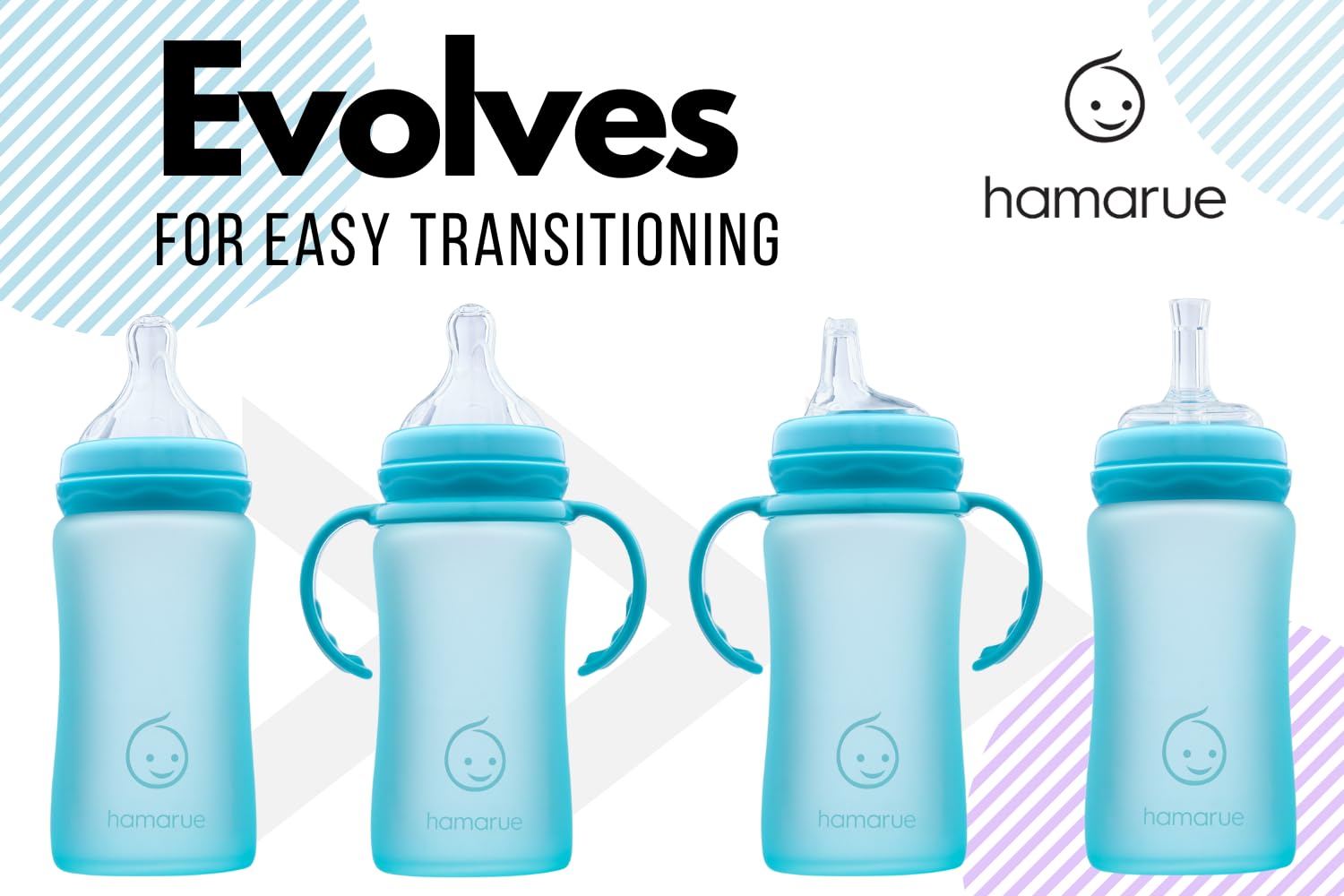 Hamarue glass baby bottle with nipple and spout in teal.