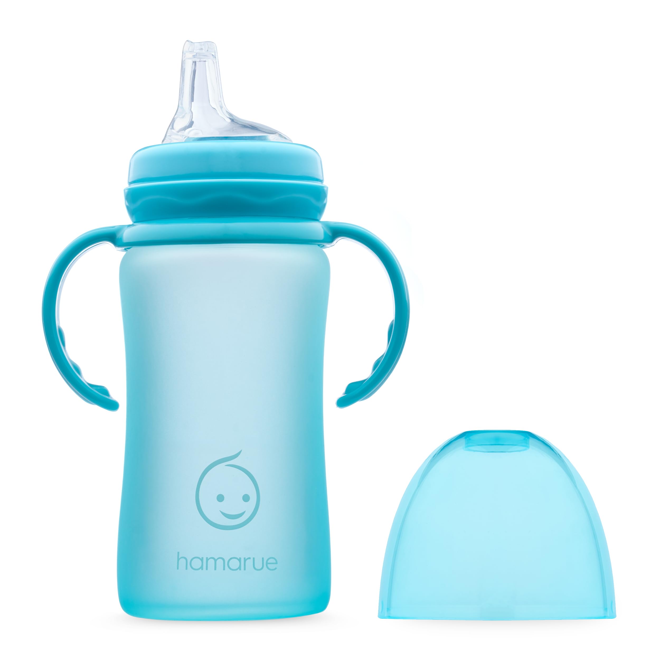 Hamarue glass cup in teal is microwave-safe for quick warming.