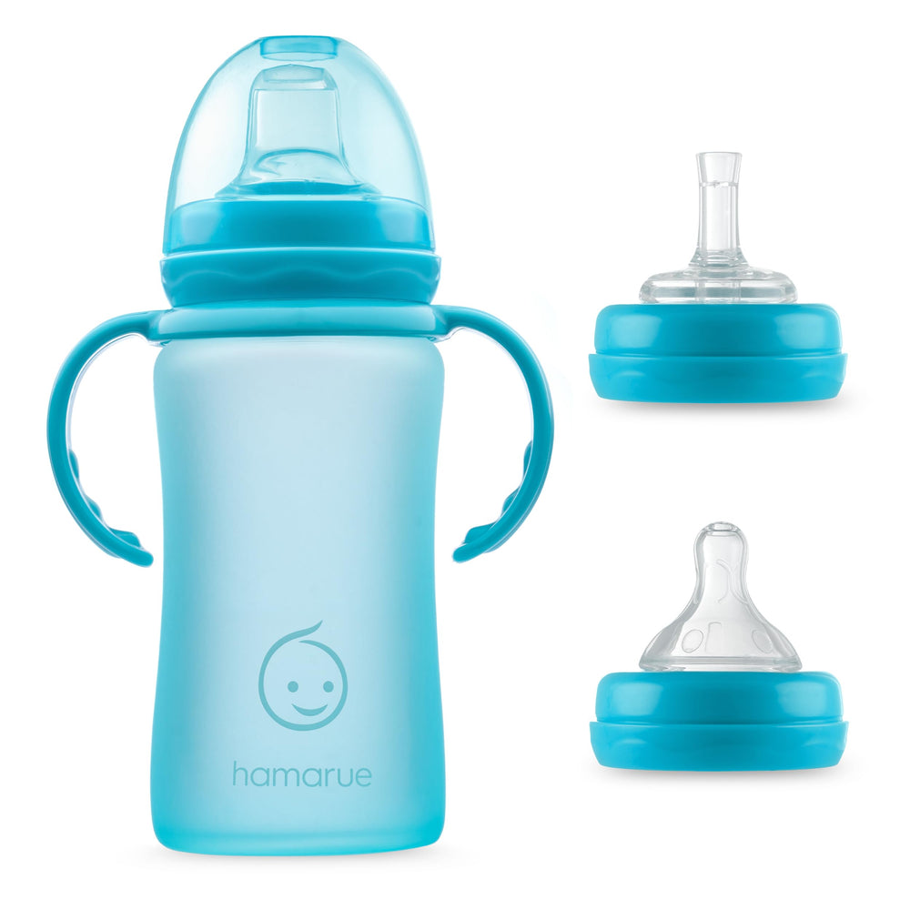 Hamarue glass sippy cup teal 8oz with removable handles for easy transitions.