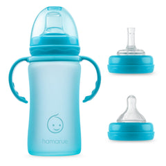 Hamarue glass sippy cup teal 8oz with removable handles for easy transitions.