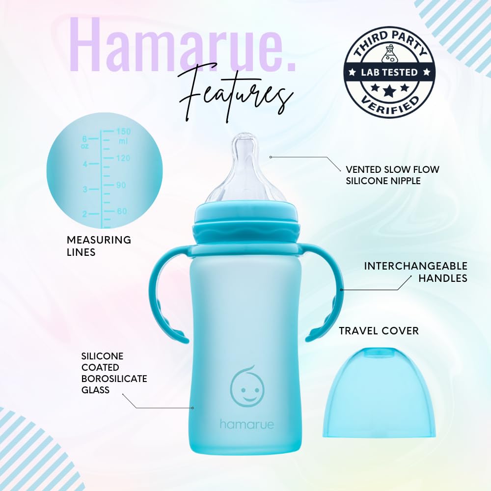Hamarue sippy cup with removable handles in teal for growing grip.